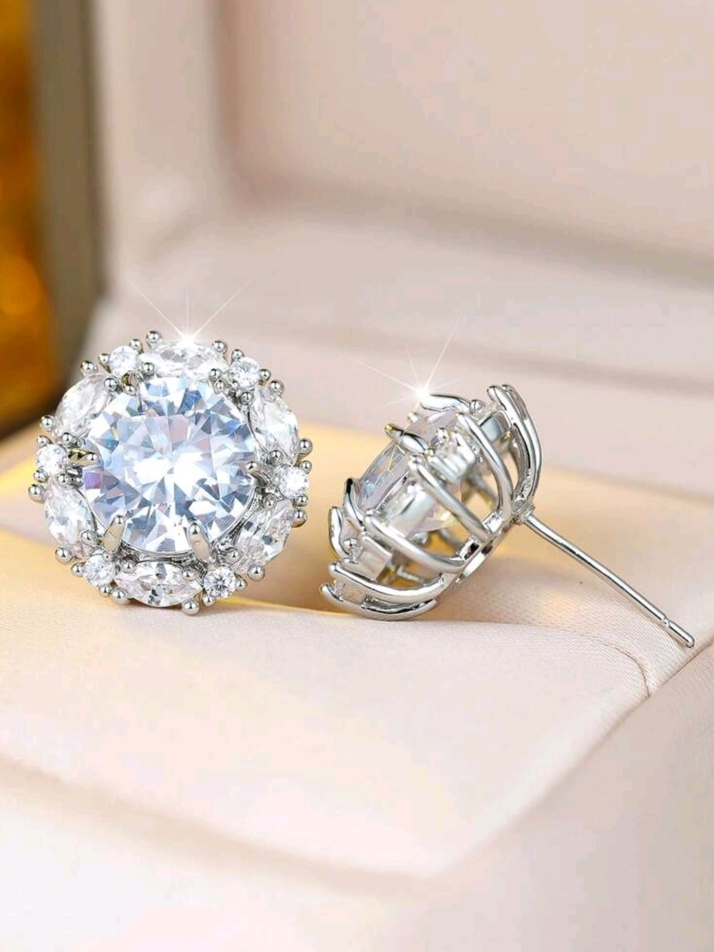 White Rhodium Quartz Halo Stud Earrings